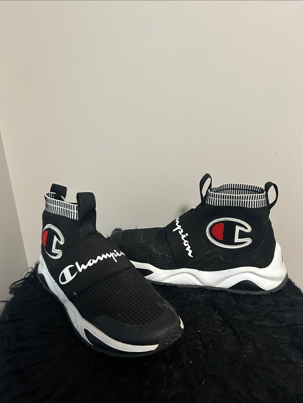 Champion Kids Black Slip-On High-Top Sneakers with Red Logo
